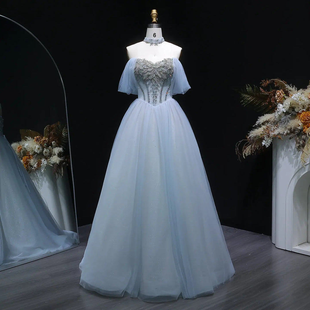 Powder Blue Crystal Beaded Off-Shoulder Ballgown