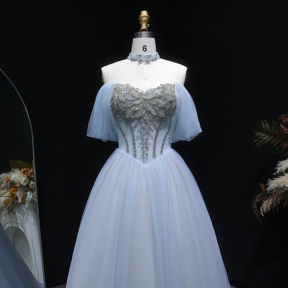 Powder Blue Crystal Beaded Off-Shoulder Ballgown
