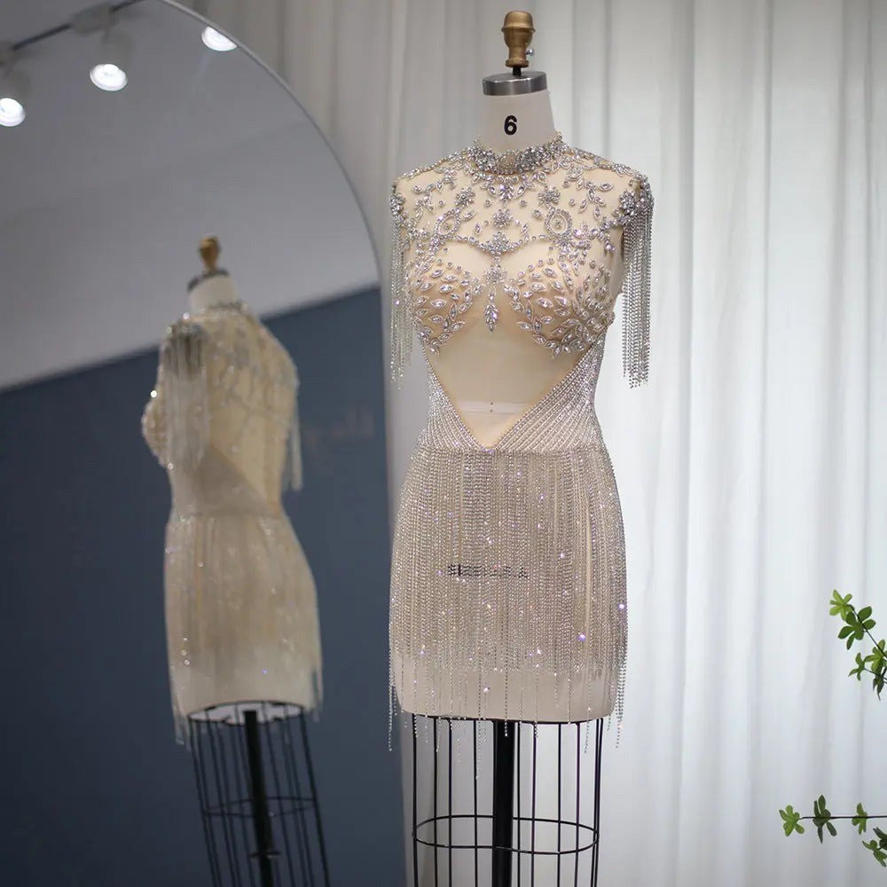 Luxury Crystal Tassel High Neck Mini Dress