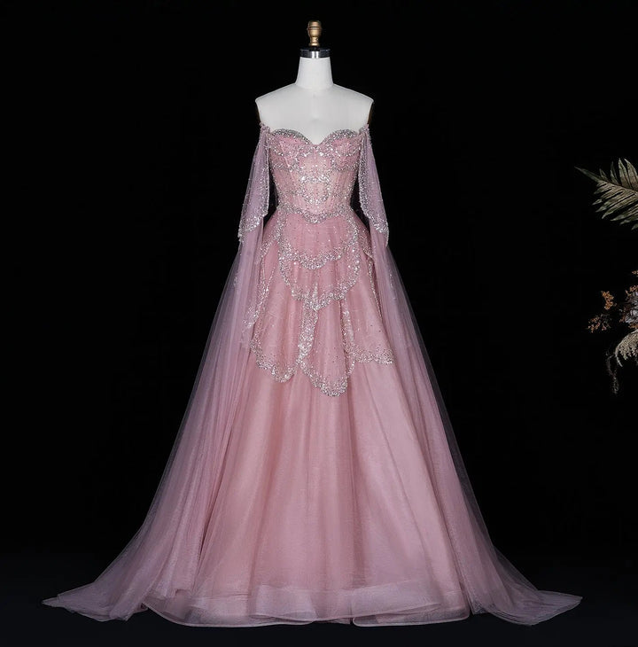 Pink Grace Off-Shoulder Evening Gown SB013