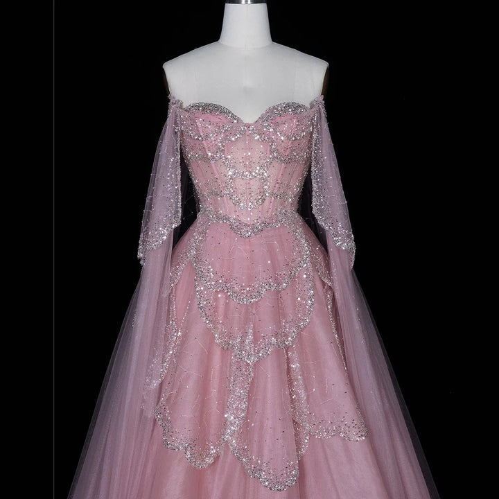Pink Grace Off-Shoulder Evening Gown SB013