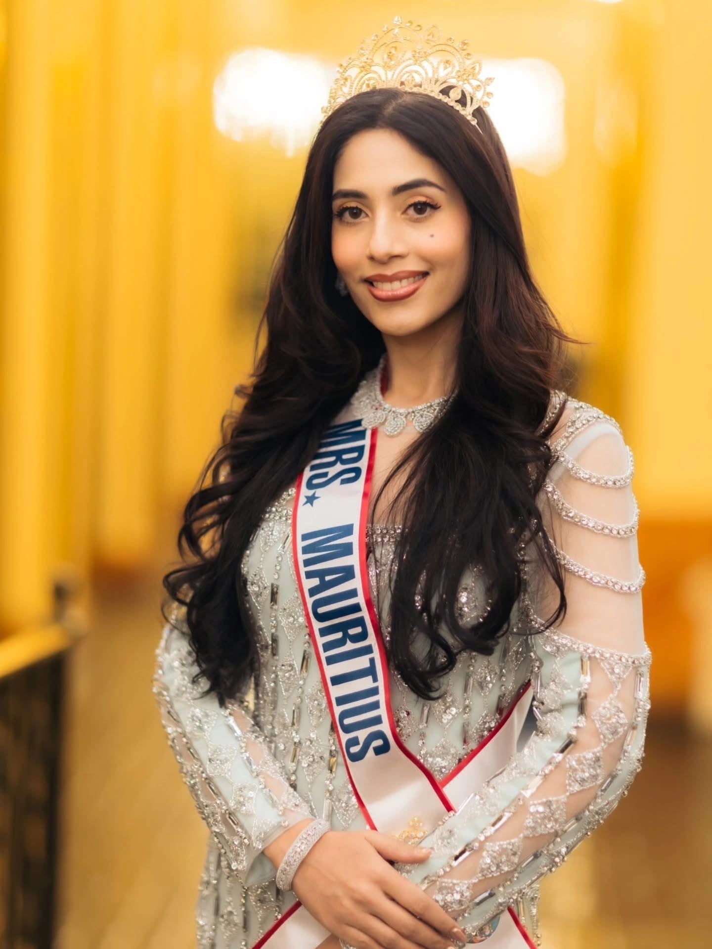 Silver Crystal Embellished Long Sleeve Sheer Gown