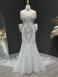 Silver Gray Crystal Beaded Mermaid Gown with Bow Train & Crystal Choker