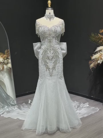 Silver Gray Crystal Beaded Mermaid Gown with Bow Train & Crystal Choker