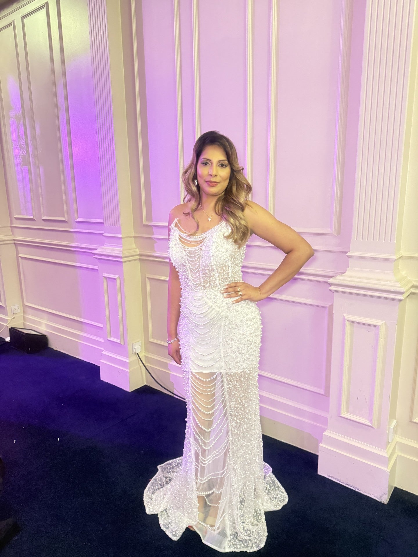 White Pearl Draped Strapless Mermaid Gown with veil