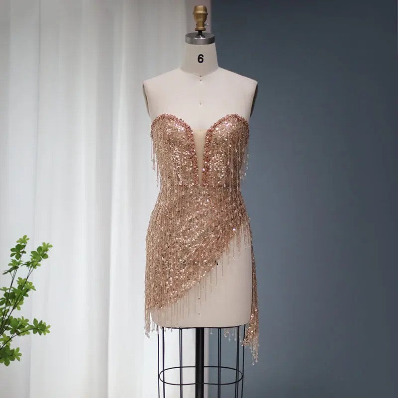 Gold Sequin Crystal Tassel Strapless Mini Dress