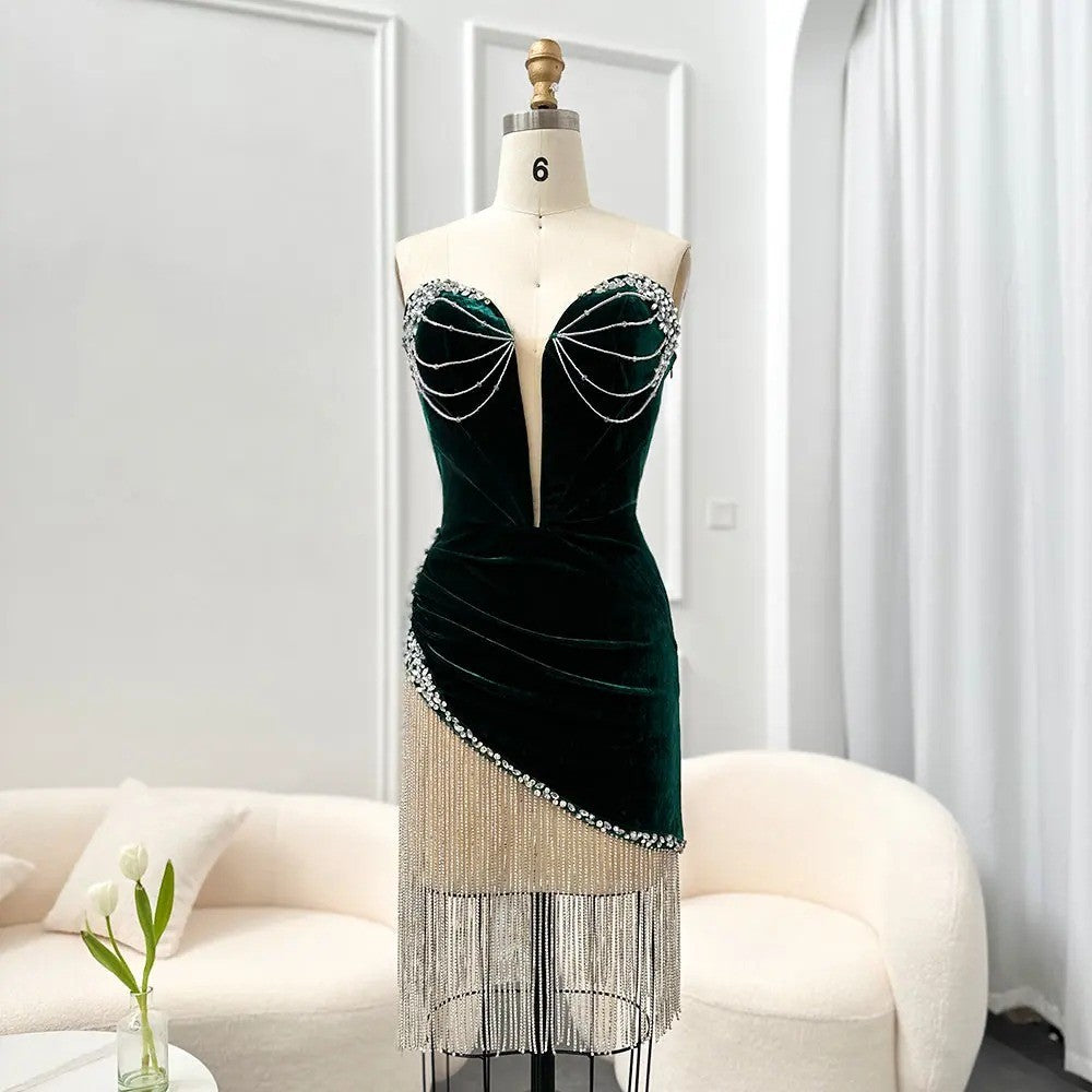 Emerald Green Velvet Crystal Tassel Cocktail Dress