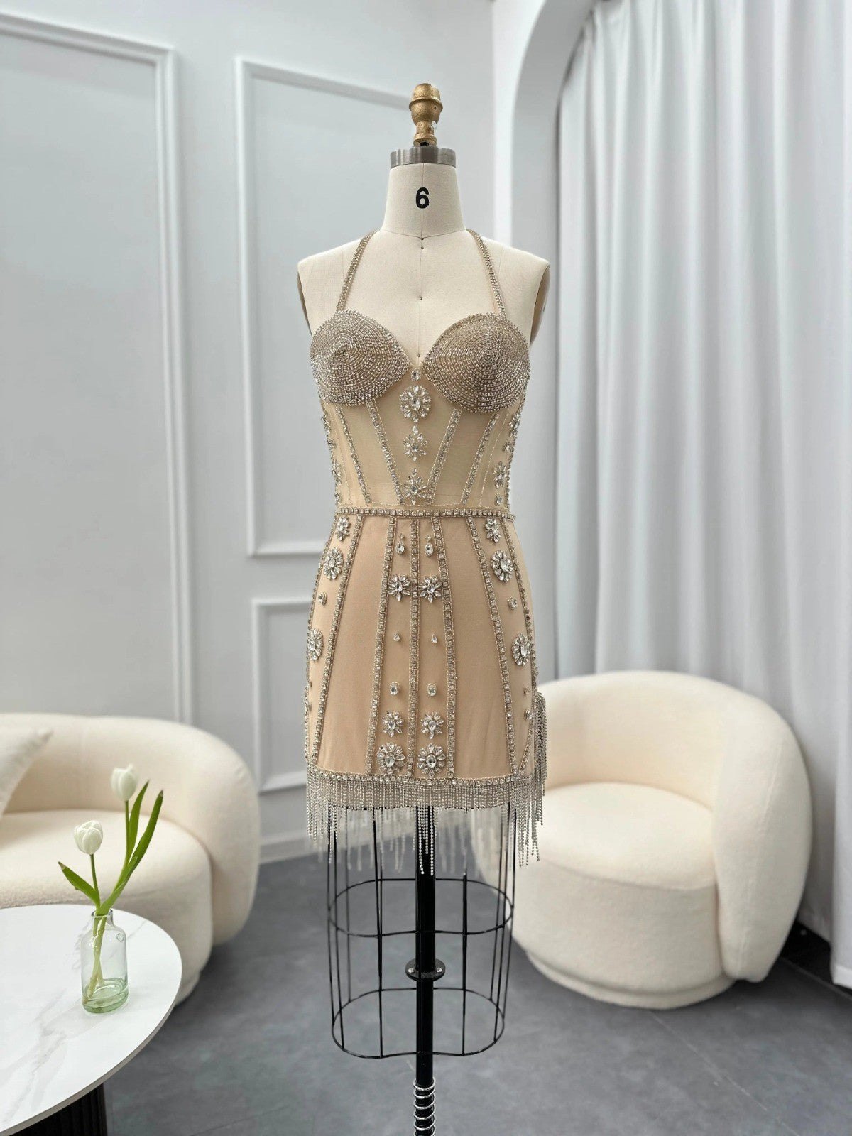 Nude Crystal Beaded Halter Mini Dress with Tassel Hem
