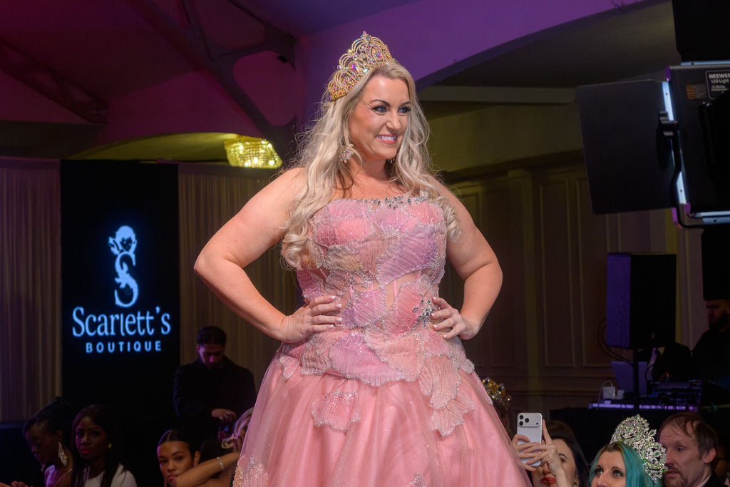 Pink Floral Appliqué Crystal Strapless Ballgown