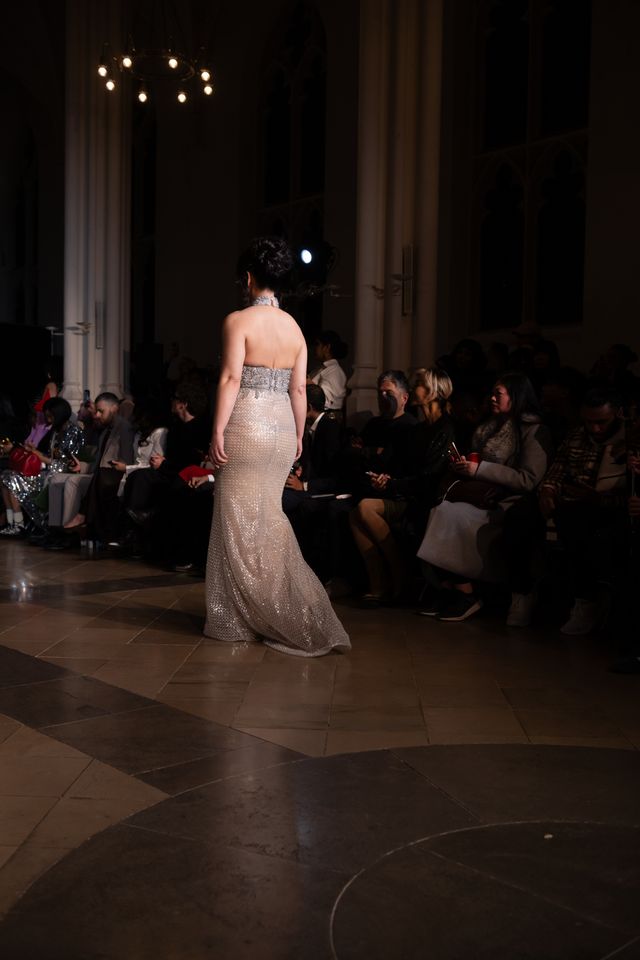 Luxury Silver Beaded Halter Evening Gown