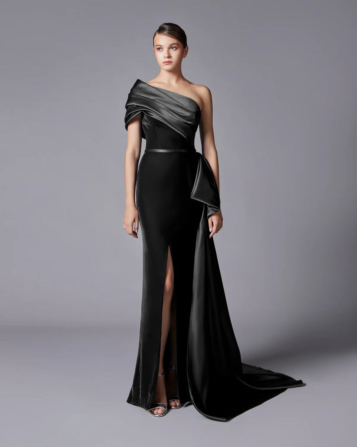 One-Shoulder Satin Mermaid Gown with Draped Bow
