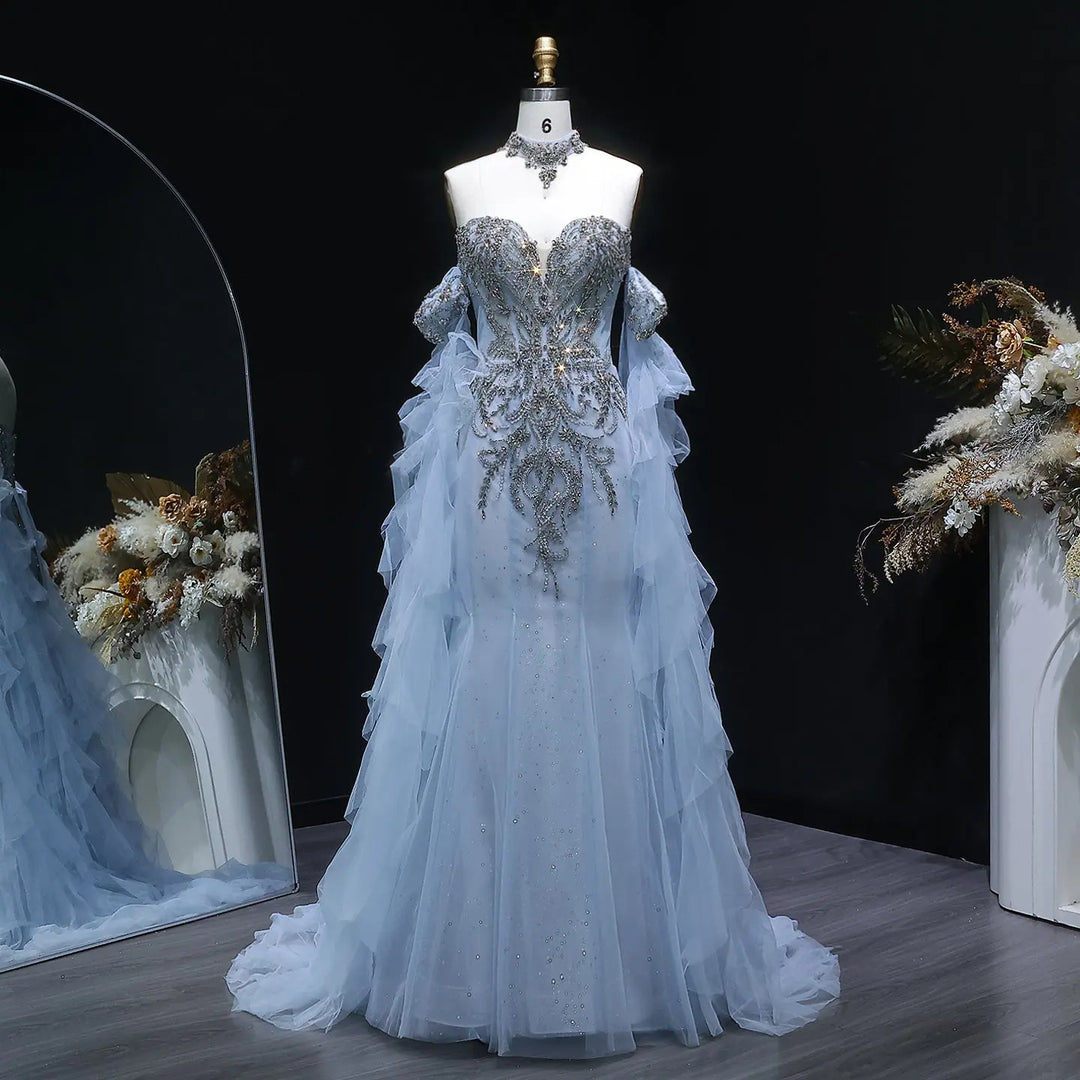 Ice Blue Crystal Beaded Ruffle Tulle Mermaid Gown