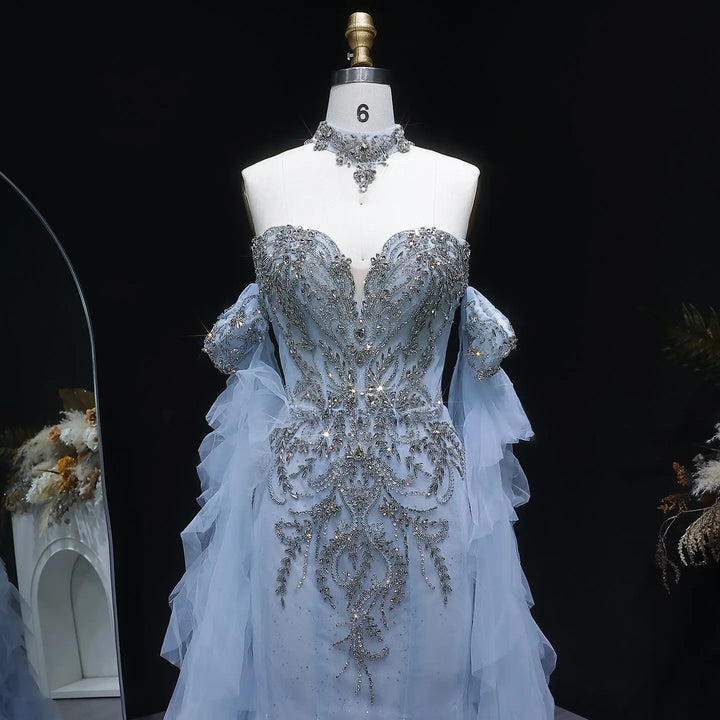 Ice Blue Crystal Beaded Ruffle Tulle Mermaid Gown