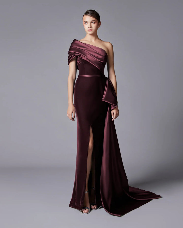 One-Shoulder Satin Mermaid Gown with Draped Bow