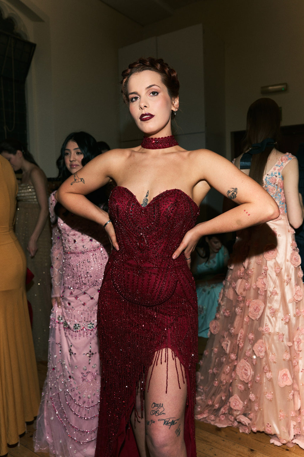 Luxury Tassel Feather Mermaid Wine Red Dress