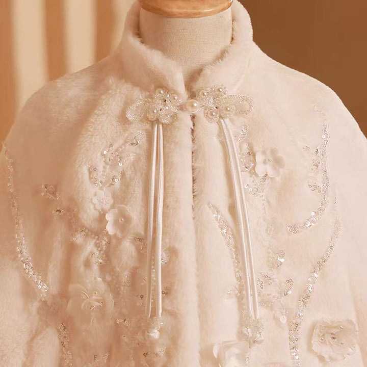 Girls Elegant White Winter Shawl with Cape