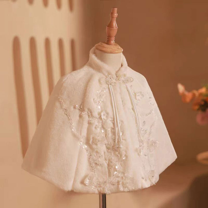 Girls Elegant White Winter Shawl with Cape