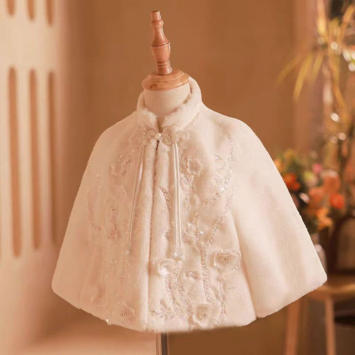Girls Elegant White Winter Shawl with Cape