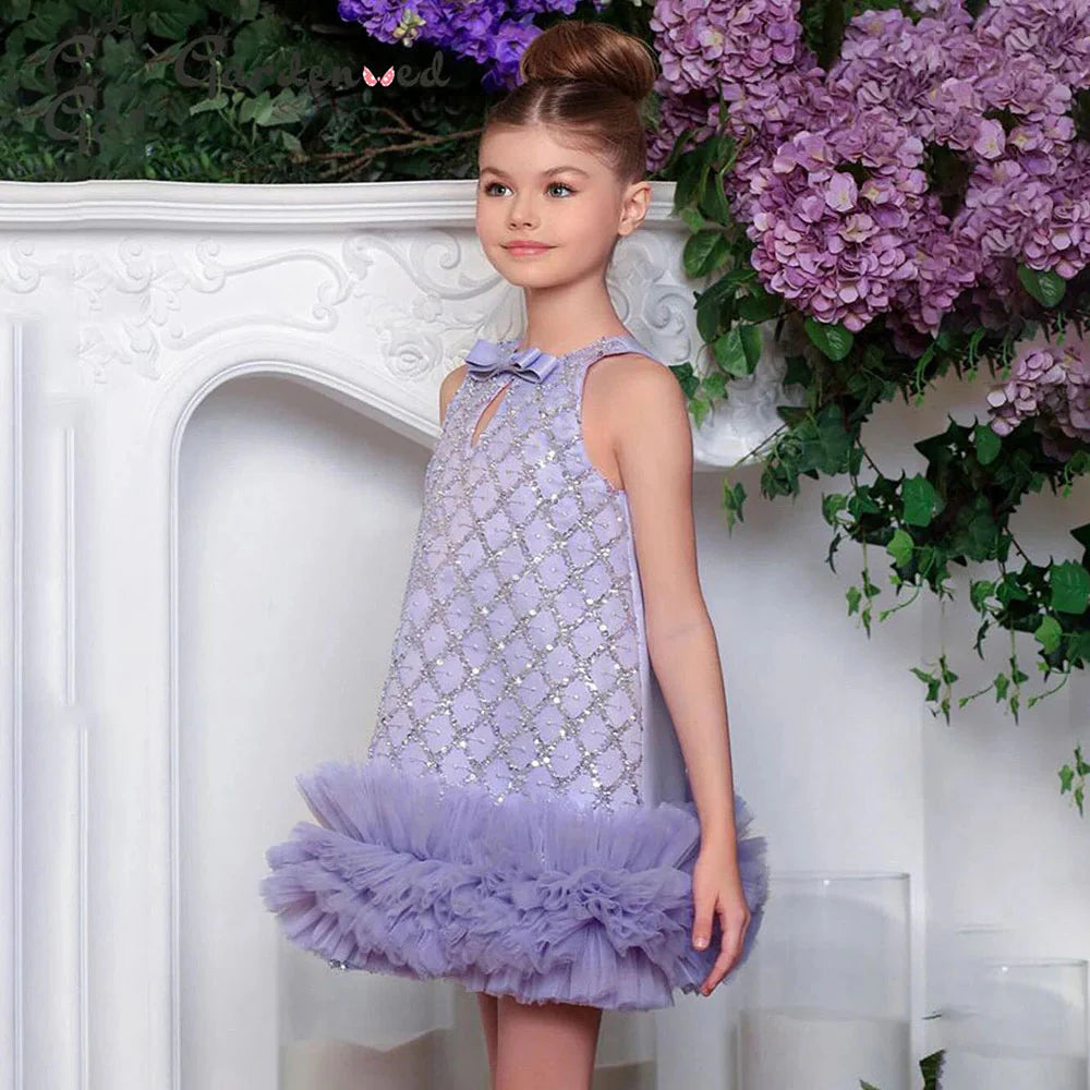 Lavender Beaded Princess Dress with Tulle Ruffle Hem