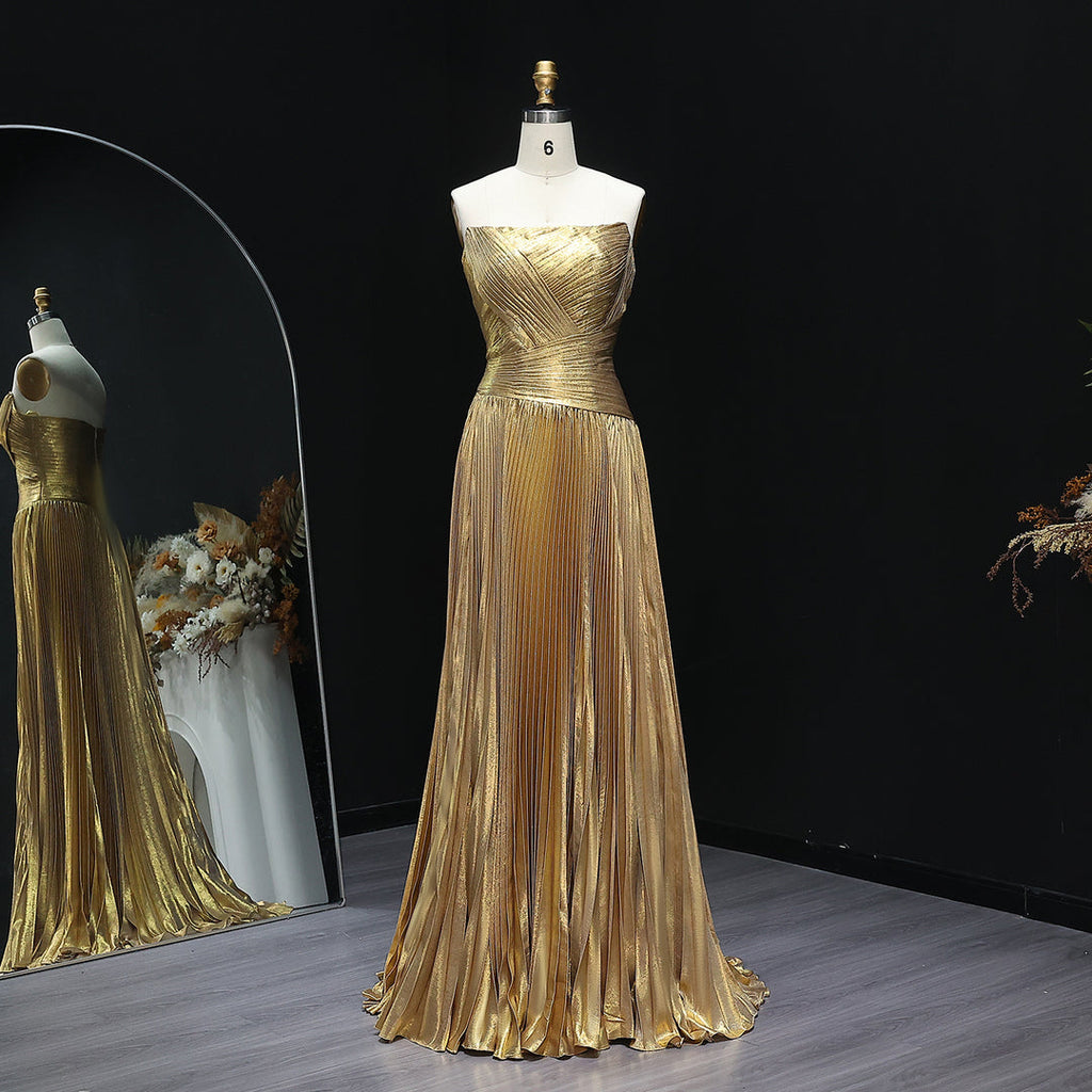 Gold Pleated Strapless Draped Evening Gown