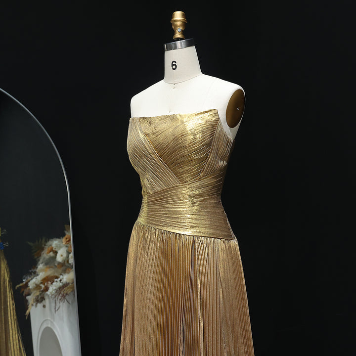 Gold Pleated Strapless Draped Evening Gown