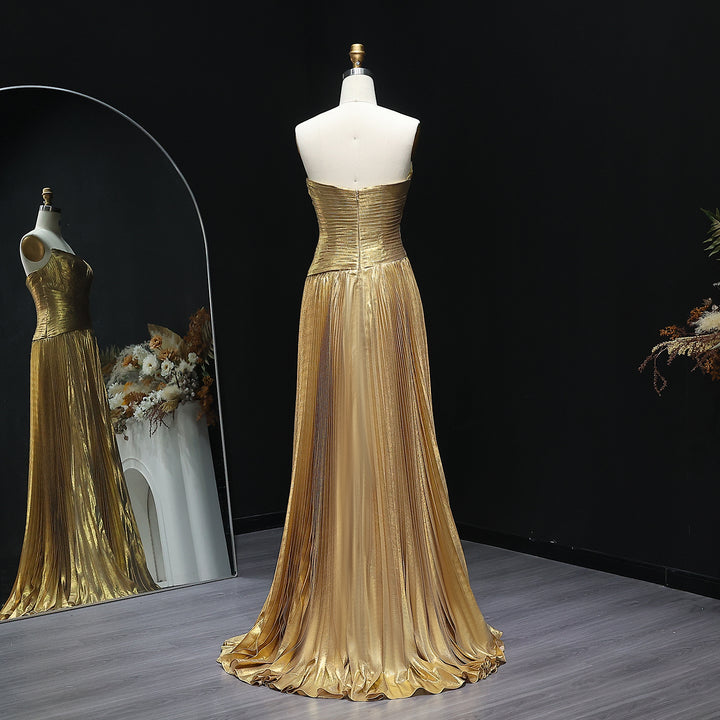 Gold Pleated Strapless Draped Evening Gown