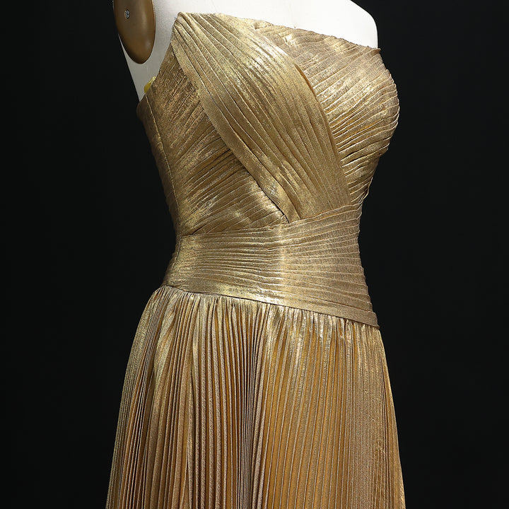 Gold Pleated Strapless Draped Evening Gown
