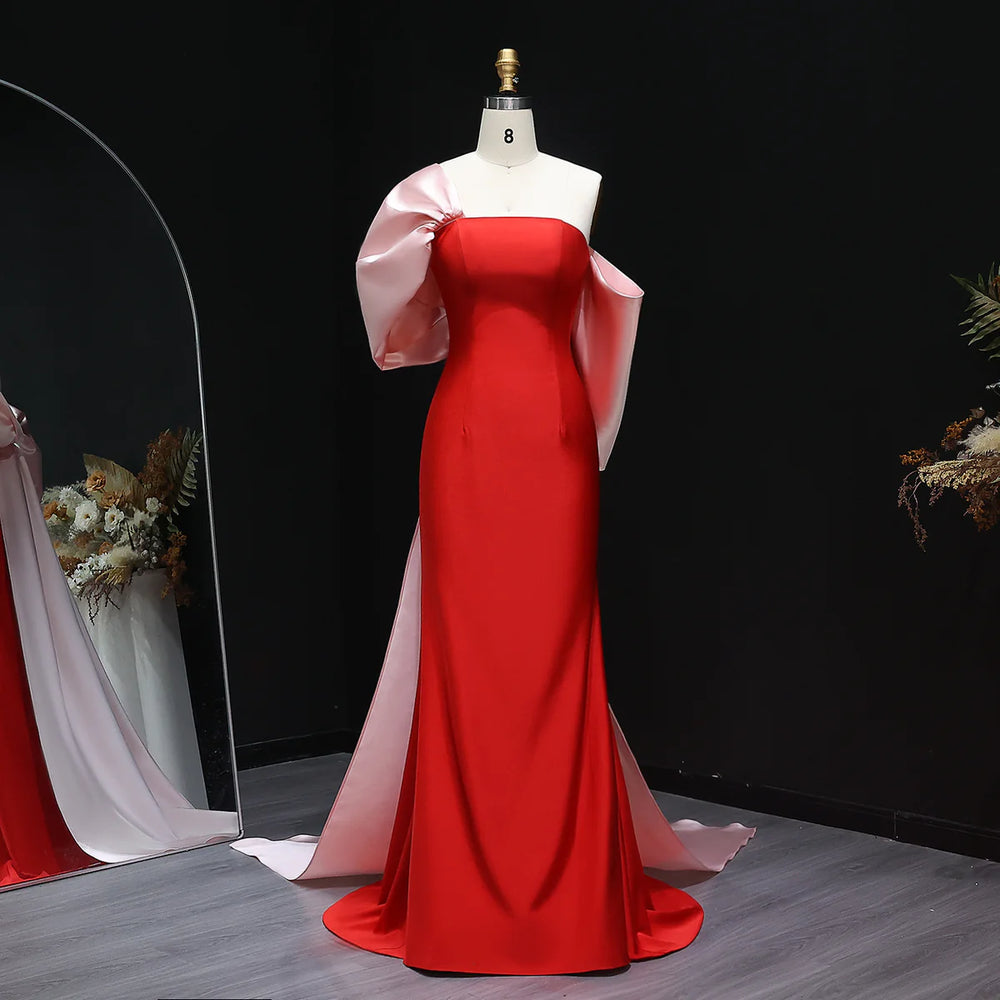 Red & Pink Off-Shoulder Puff Sleeve Mermaid Gown