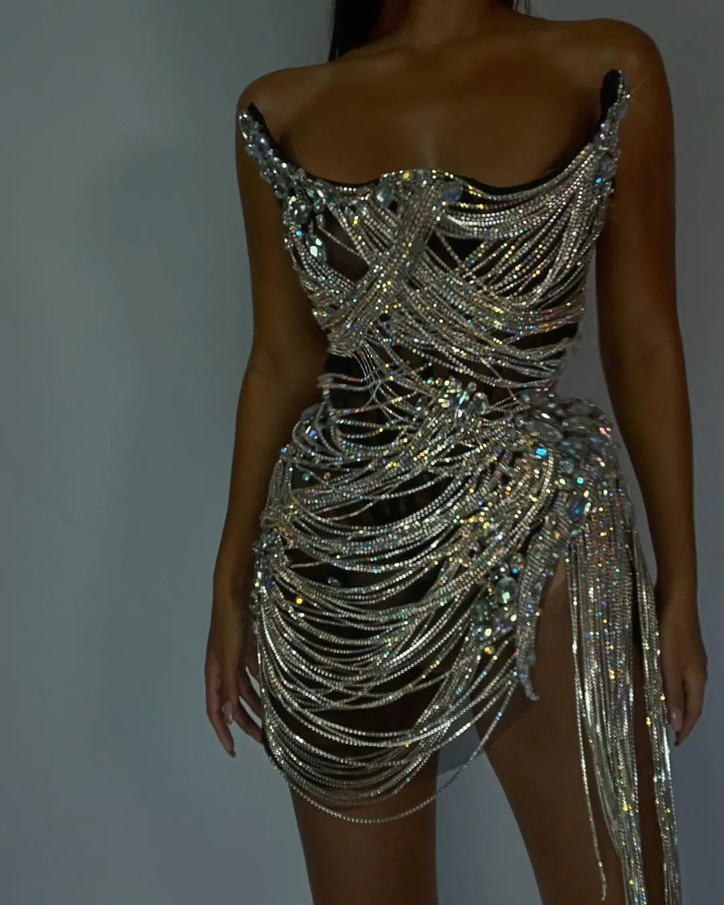 Elegant Strapless Crystal Tassel Mini Cocktail Dress