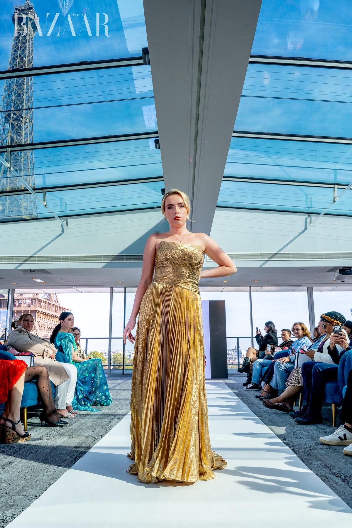 Gold Pleated Strapless Draped Evening Gown SB005