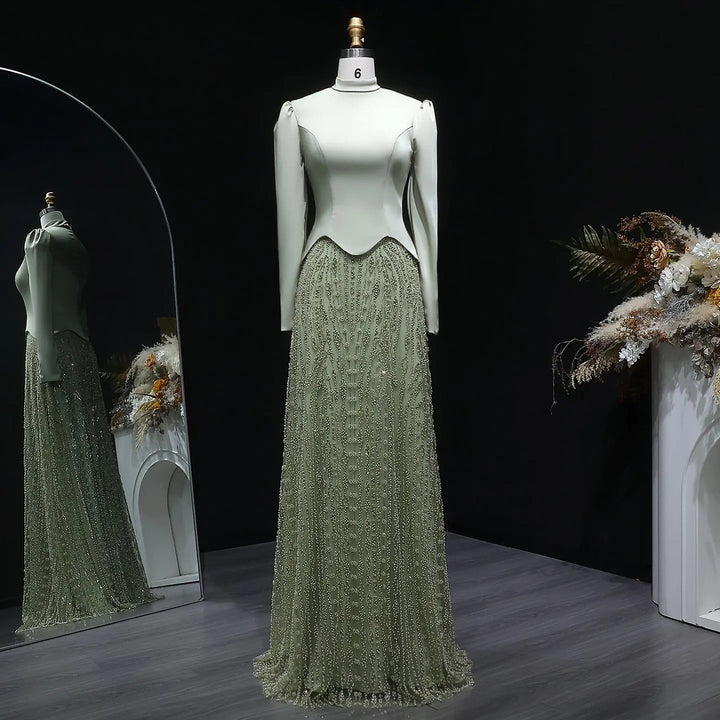 Luxury Sage Green Beaded Dress