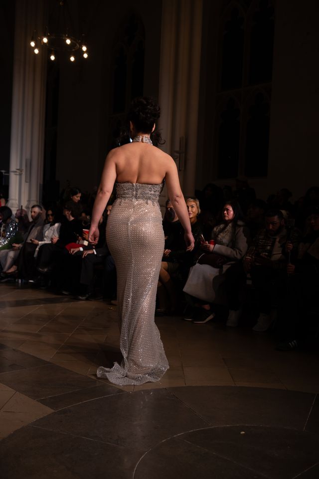 Luxury Silver Beaded Halter Evening Gown