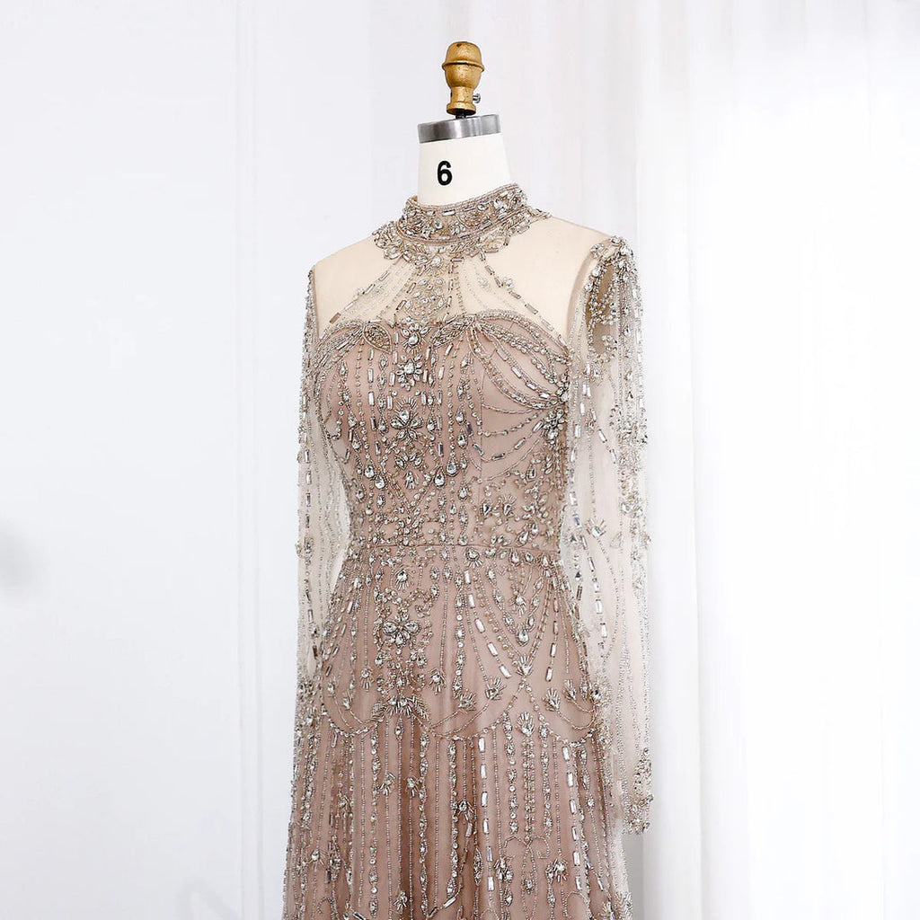 Luxury Crystal High Neck Long Sleeve Evening Gown