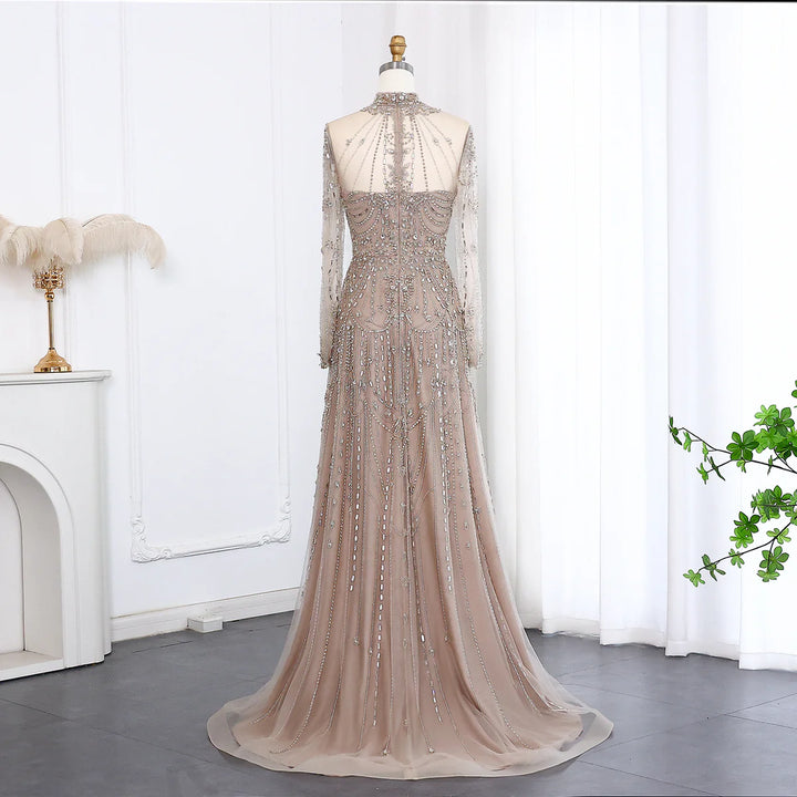Luxury Crystal High Neck Long Sleeve Evening Gown