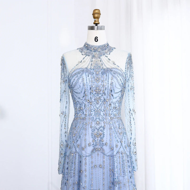 Luxury Crystal High Neck Long Sleeve Evening Gown