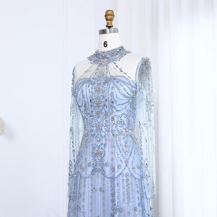 Luxury Crystal High Neck Long Sleeve Evening Gown