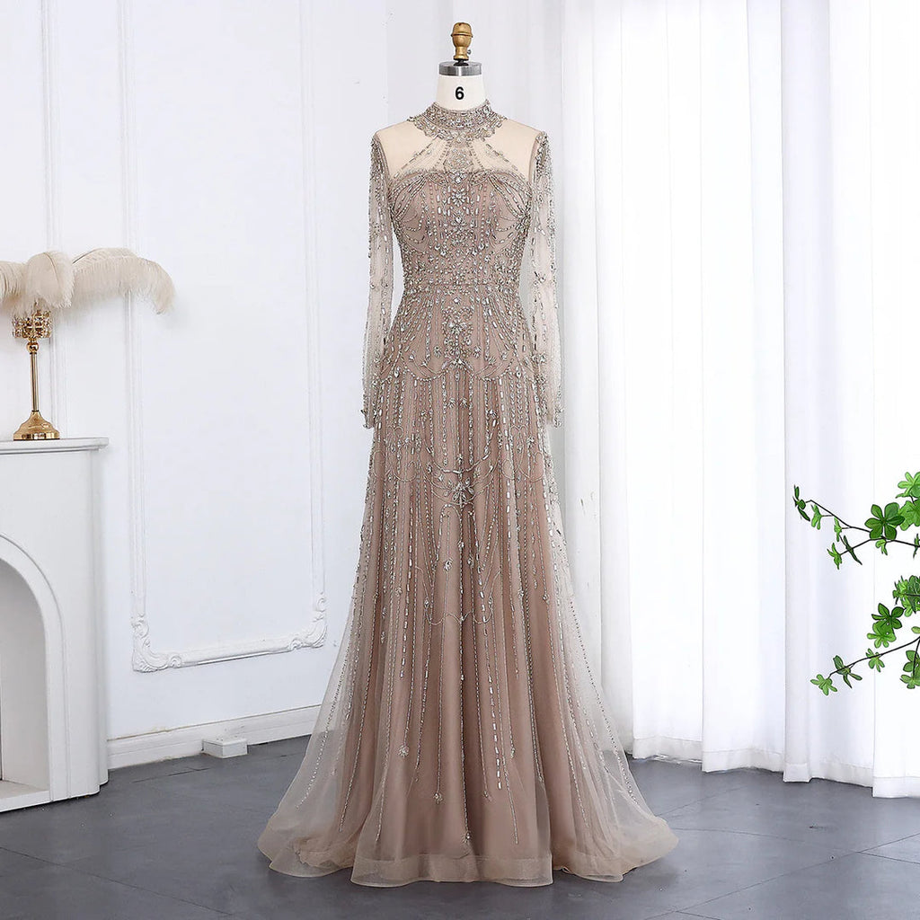 Luxury Crystal High Neck Long Sleeve Evening Gown