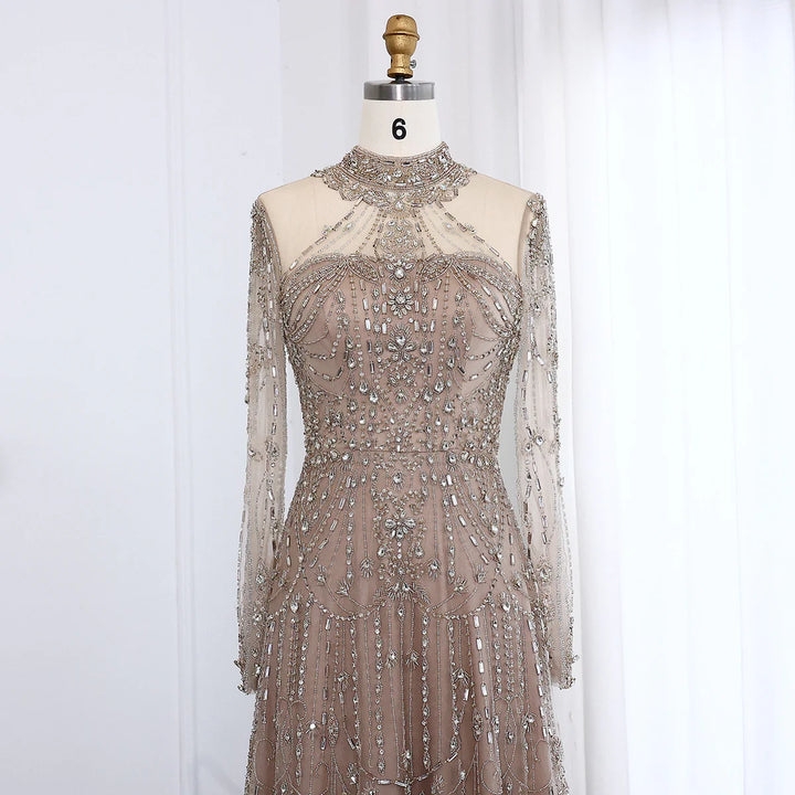 Luxury Crystal High Neck Long Sleeve Evening Gown