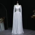 Silver V-Neck Cape Sleeve Beaded A-Line Gown