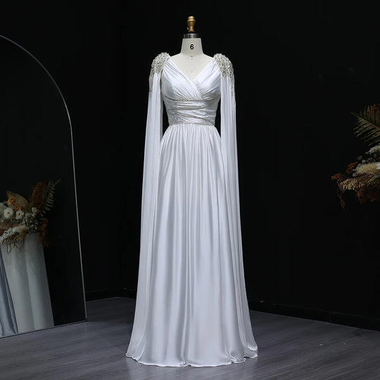 Silver V-Neck Cape Sleeve Beaded A-Line Gown