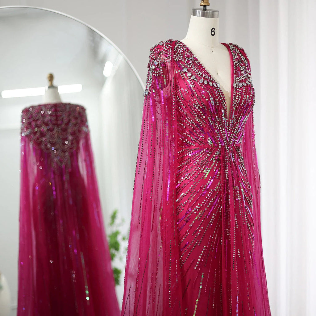 Luxury Crystal Cape Sleeve Evening Gown