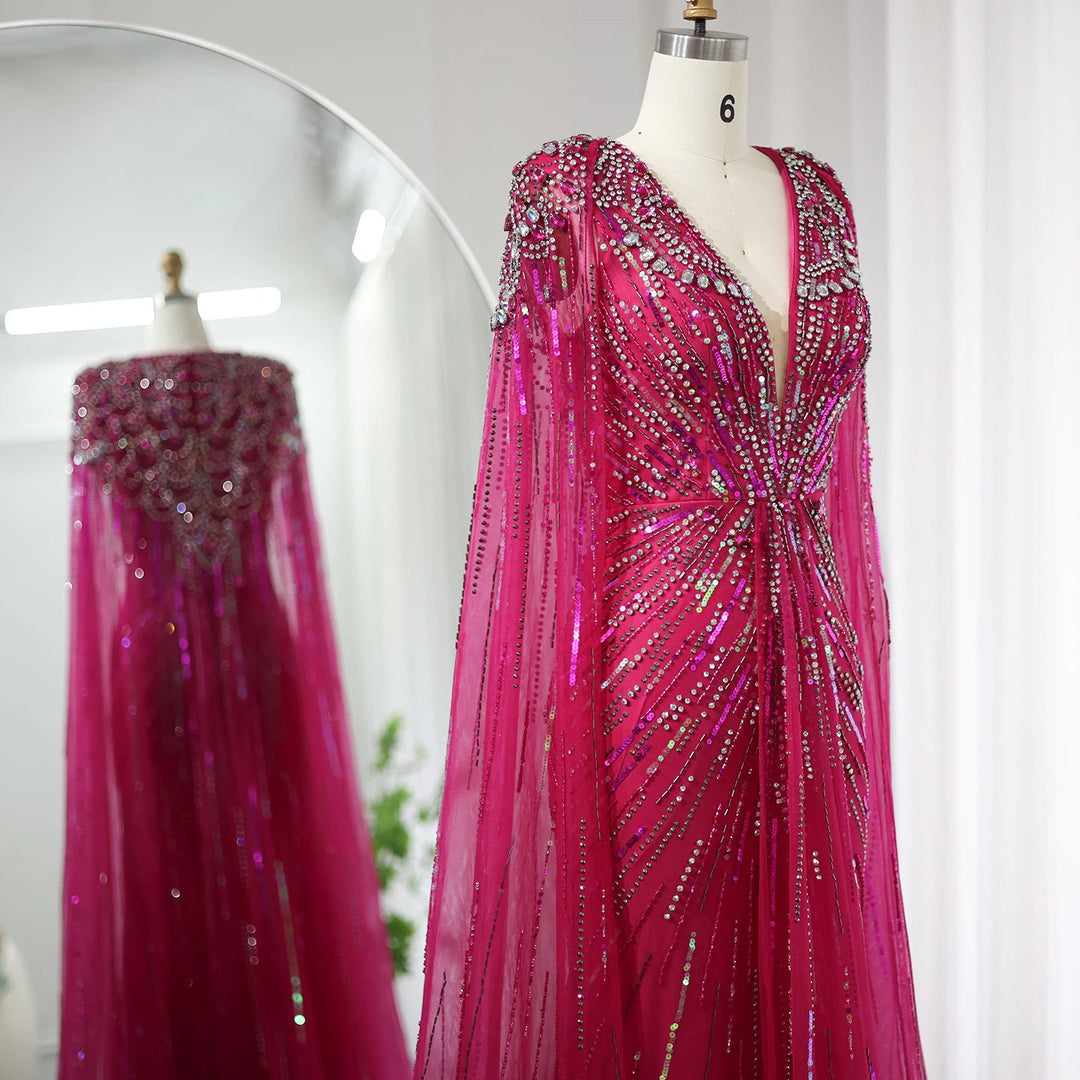 Luxury Crystal Cape Sleeve Evening Gown