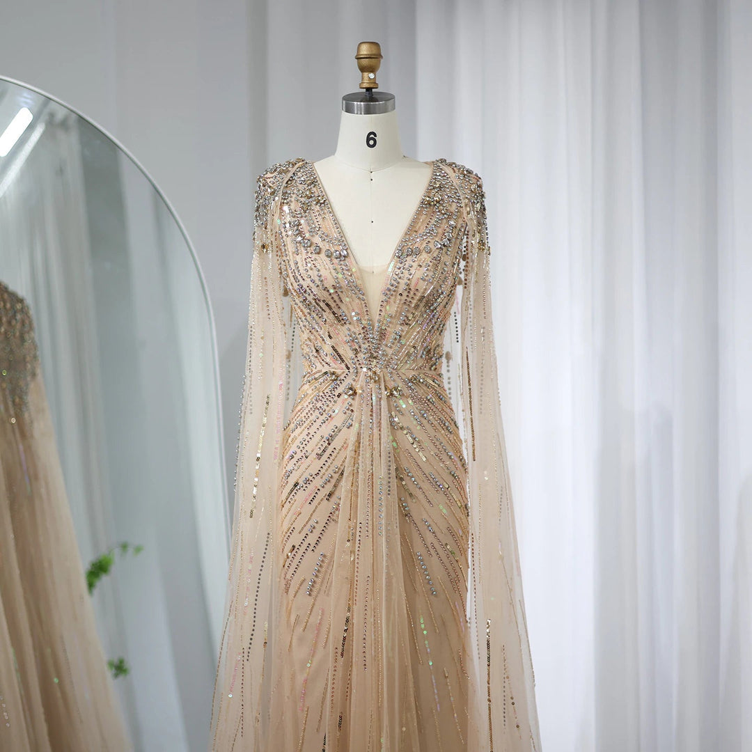 Luxury Crystal Cape Sleeve Evening Gown