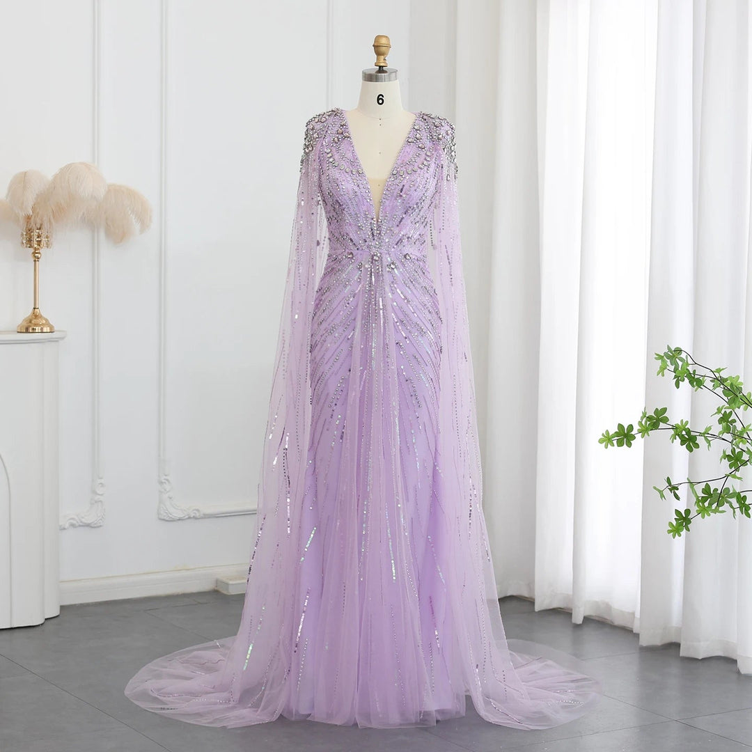 Luxury Crystal Cape Sleeve Evening Gown
