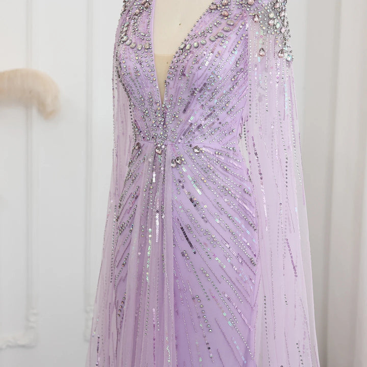 Luxury Crystal Cape Sleeve Evening Gown