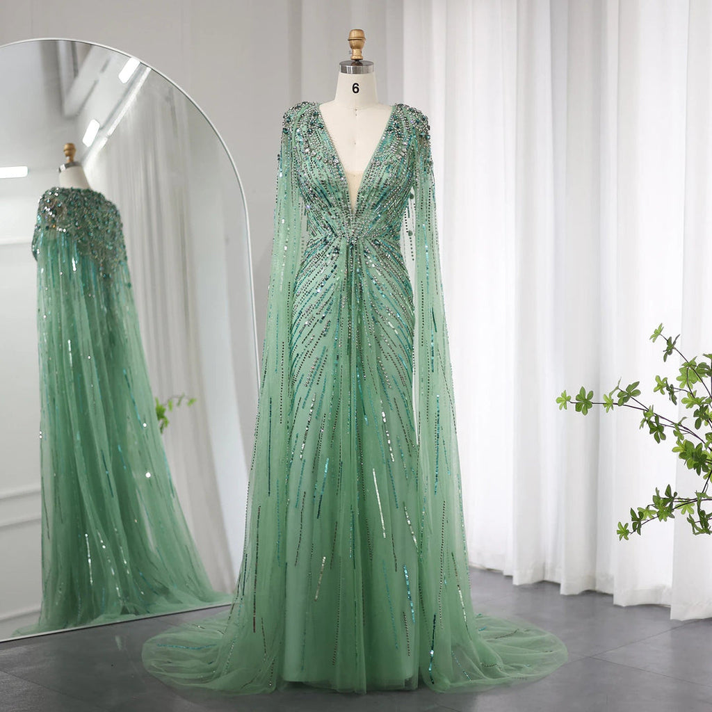 Luxury Crystal Cape Sleeve Evening Gown