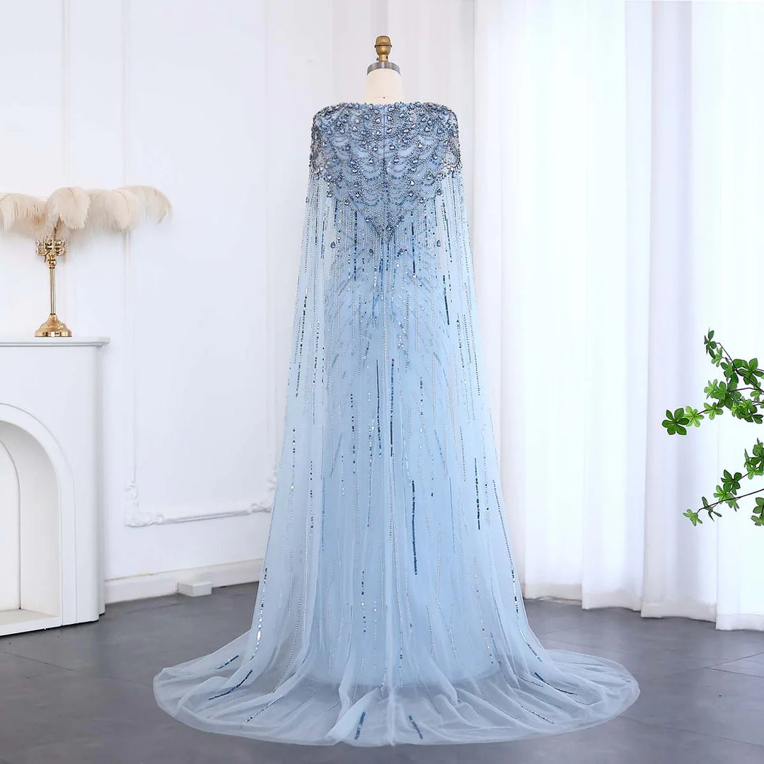 Luxury Crystal Cape Sleeve Evening Gown