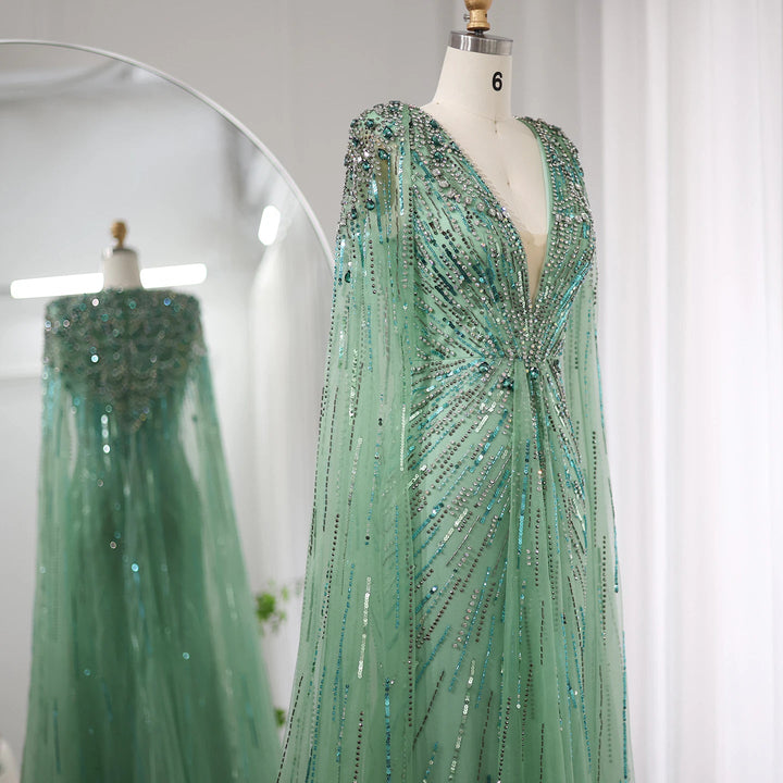 Luxury Crystal Cape Sleeve Evening Gown