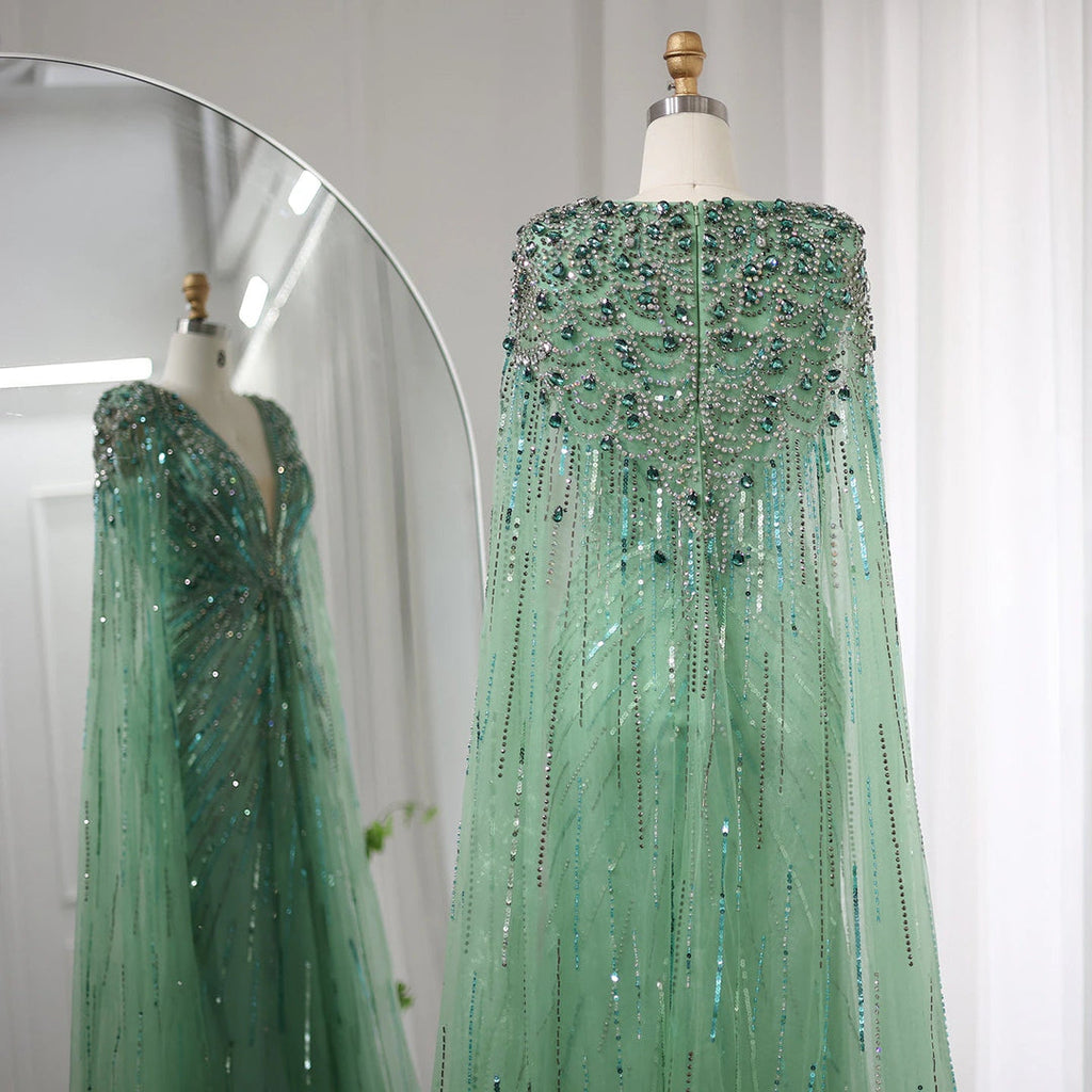 Luxury Crystal Cape Sleeve Evening Gown