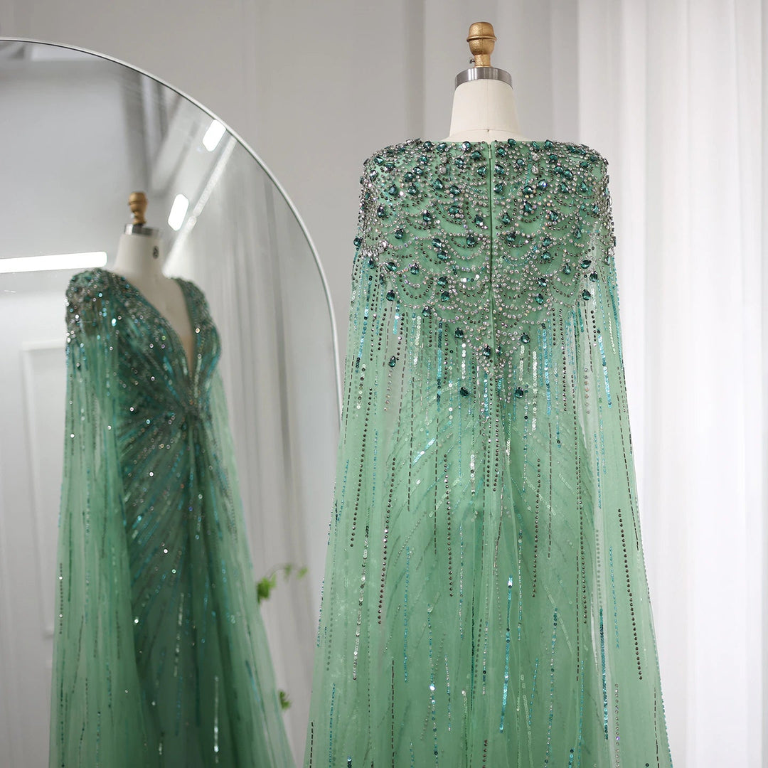 Luxury Crystal Cape Sleeve Evening Gown